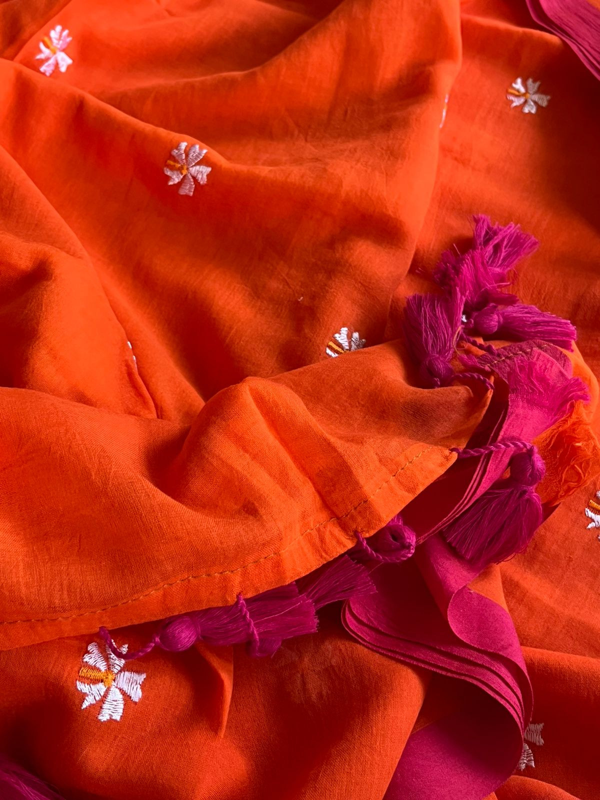 Soft and comfortable Pure Mul Mul Sarees with embroidered Flowers - Orange