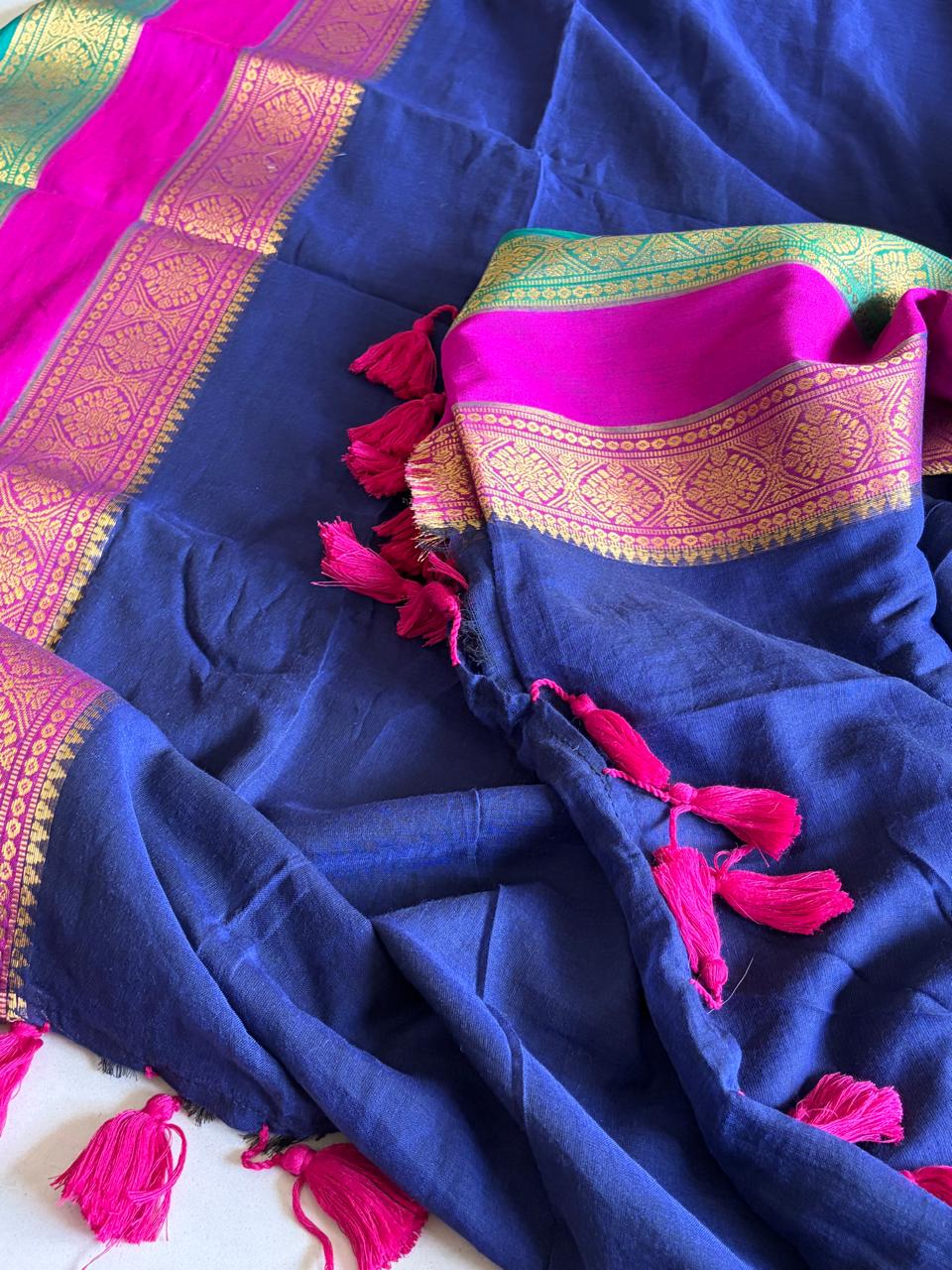Soft and comfortable Pure Mul Mul Sarees with Resham Border - Blue