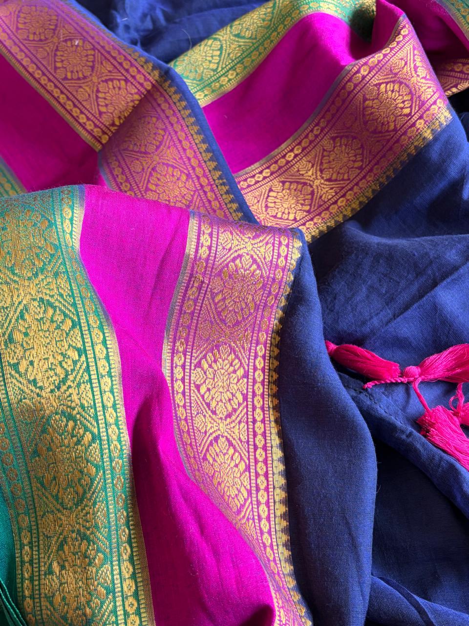 Soft and comfortable Pure Mul Mul Sarees with Resham Border - Blue