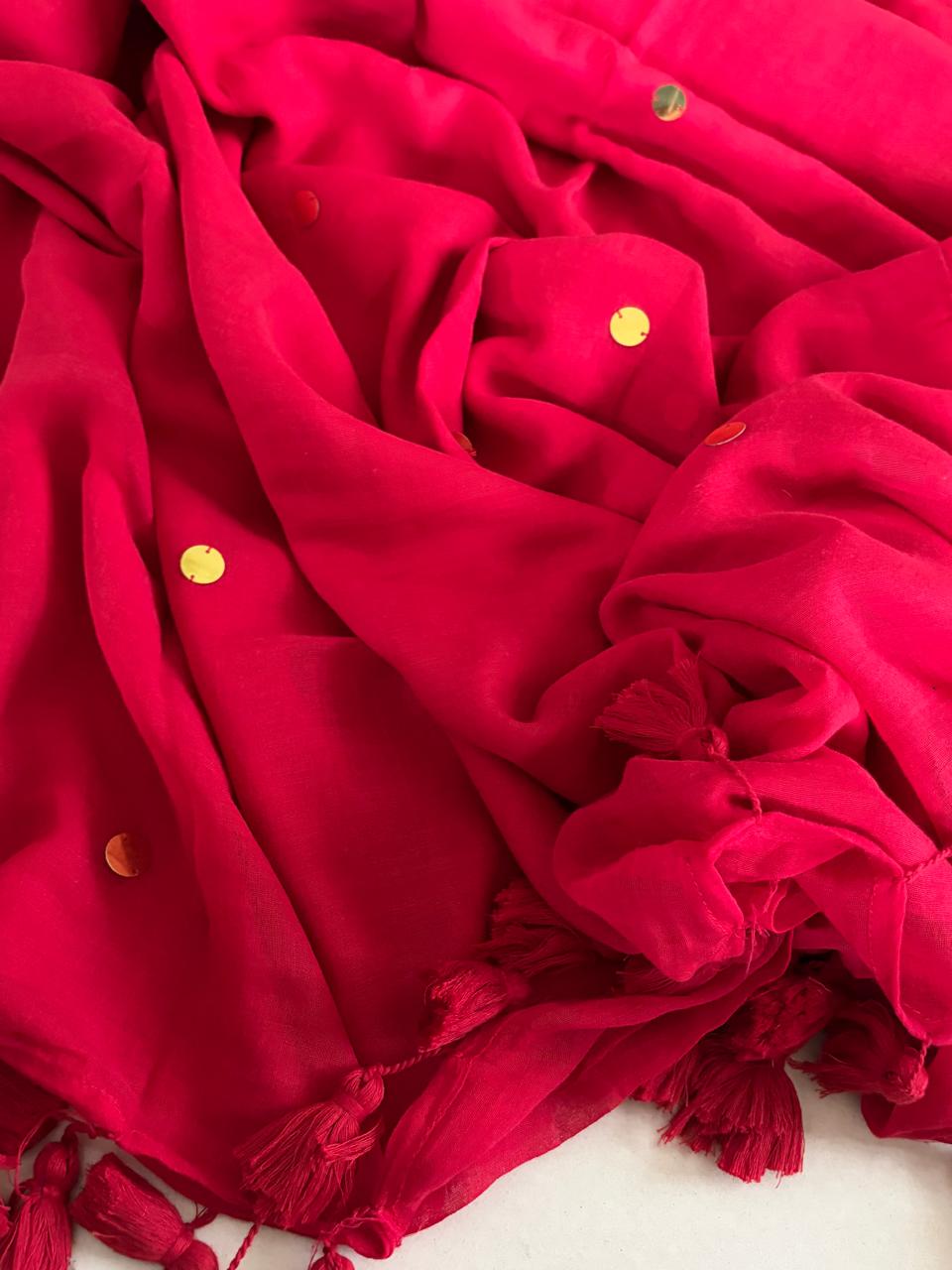 Soft and comfortable Pure Mul Mul Sarees with Dot Sequin Work - Red