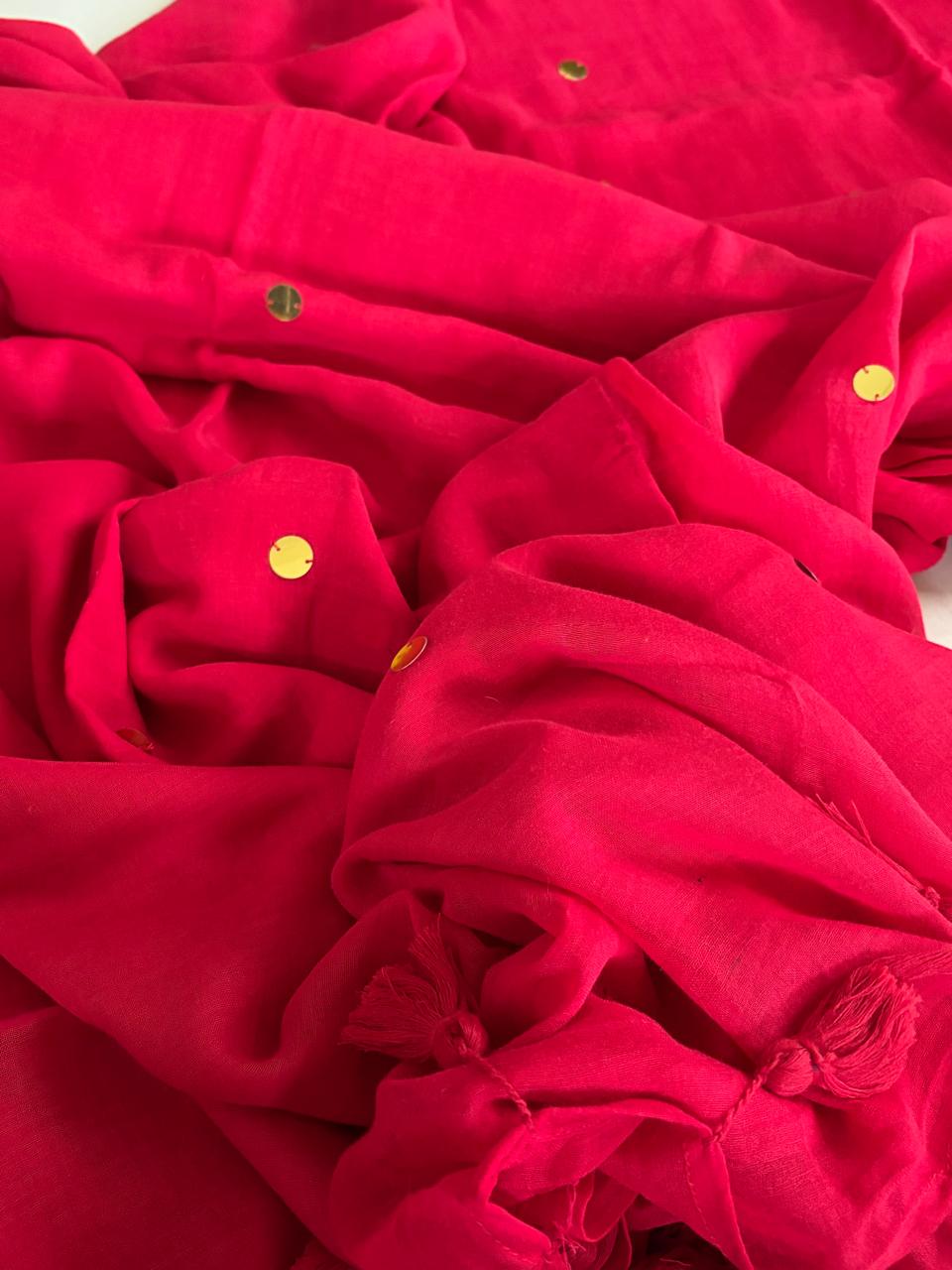 Soft and comfortable Pure Mul Mul Sarees with Dot Sequin Work - Red