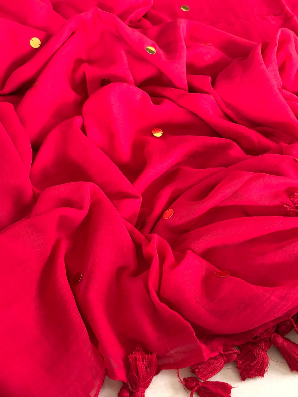 Soft and comfortable Pure Mul Mul Sarees with Dot Sequin Work - Red