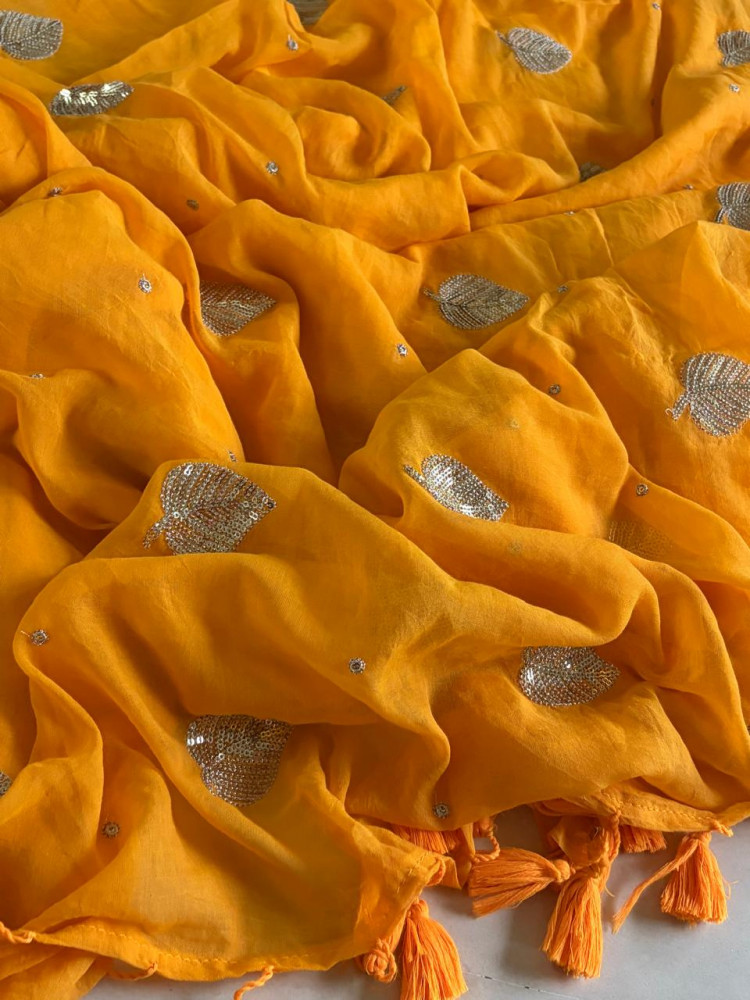 Image of Soft and comfortable Pure Mul Mul Sarees with Sequin Work - Yellow