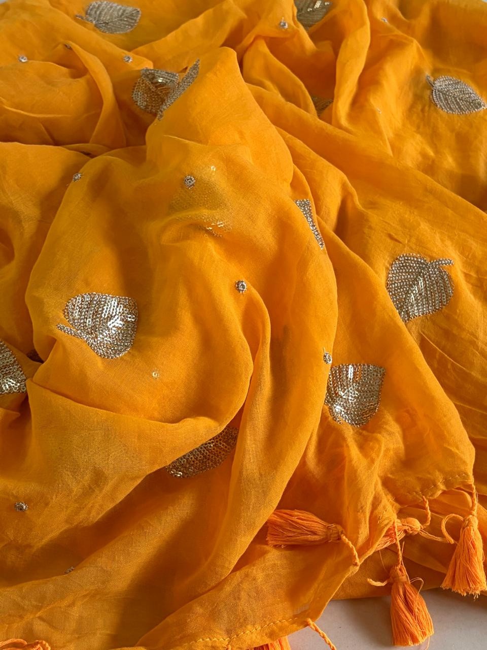 Soft and comfortable Pure Mul Mul Sarees with Sequin Work - Yellow