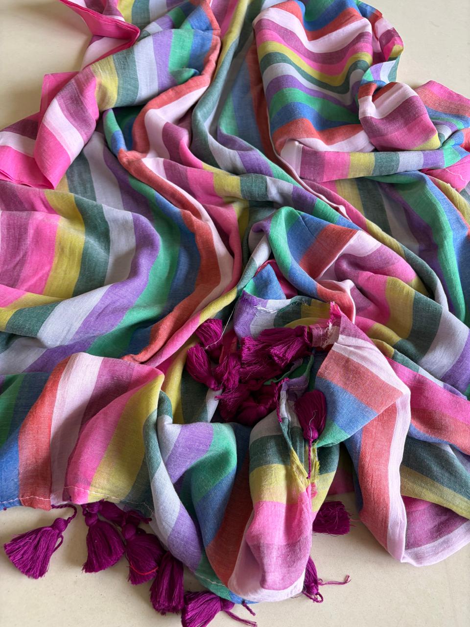 Soft and comfortable Pure Mul Mul Striped Saree - Multicolour