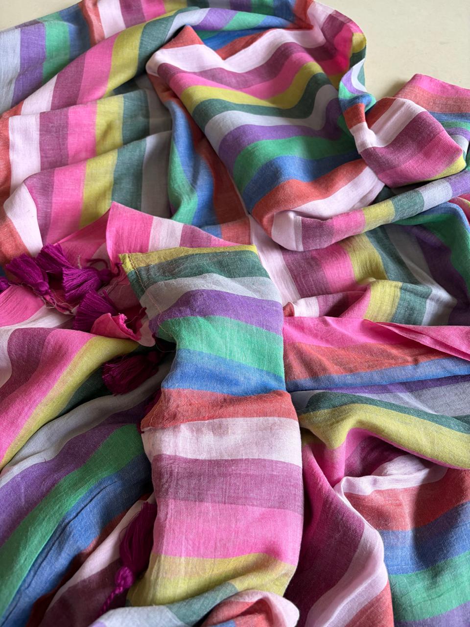Soft and comfortable Pure Mul Mul Striped Saree - Multicolour