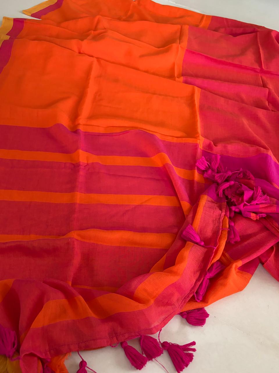 Soft and comfortable Pure Mul Mul Saree - Orange with Pink