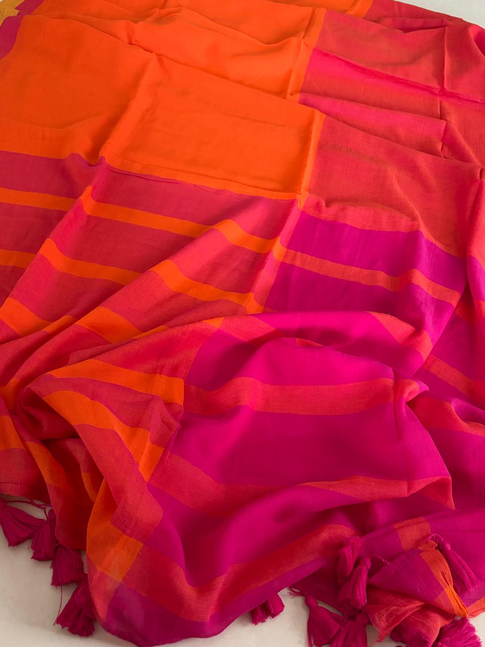 Soft and comfortable Pure Mul Mul Saree - Orange with Pink