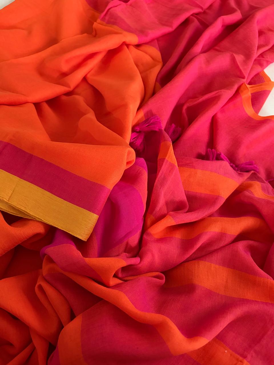 Soft and comfortable Pure Mul Mul Saree - Orange with Pink