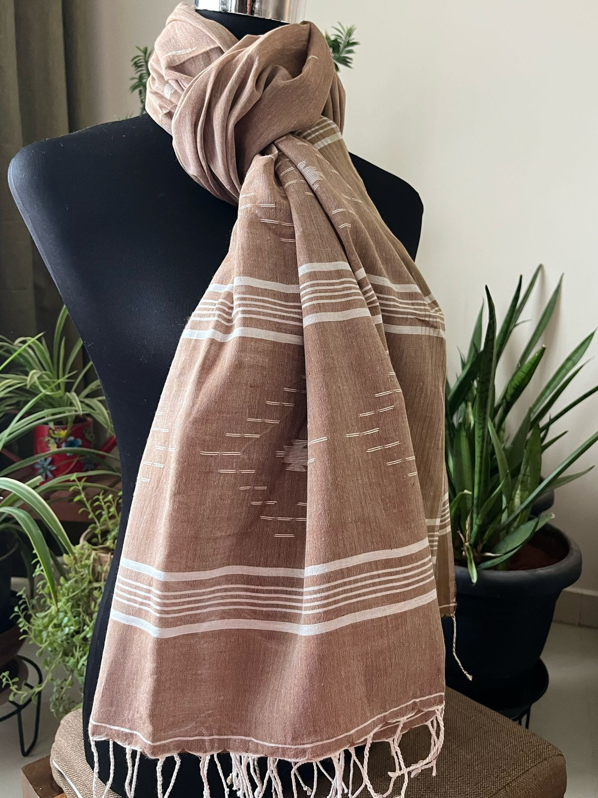 Soft Pure Cotton Jamdani Handloom Stole - Beige