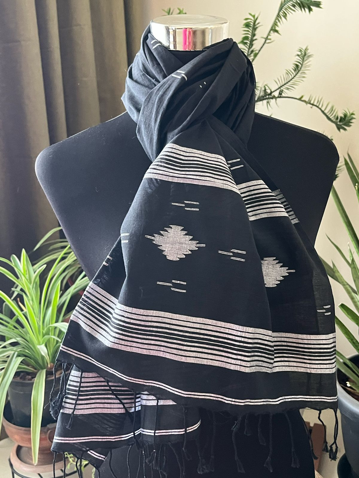 Soft Pure Cotton Jamdani Handloom Stole - Black