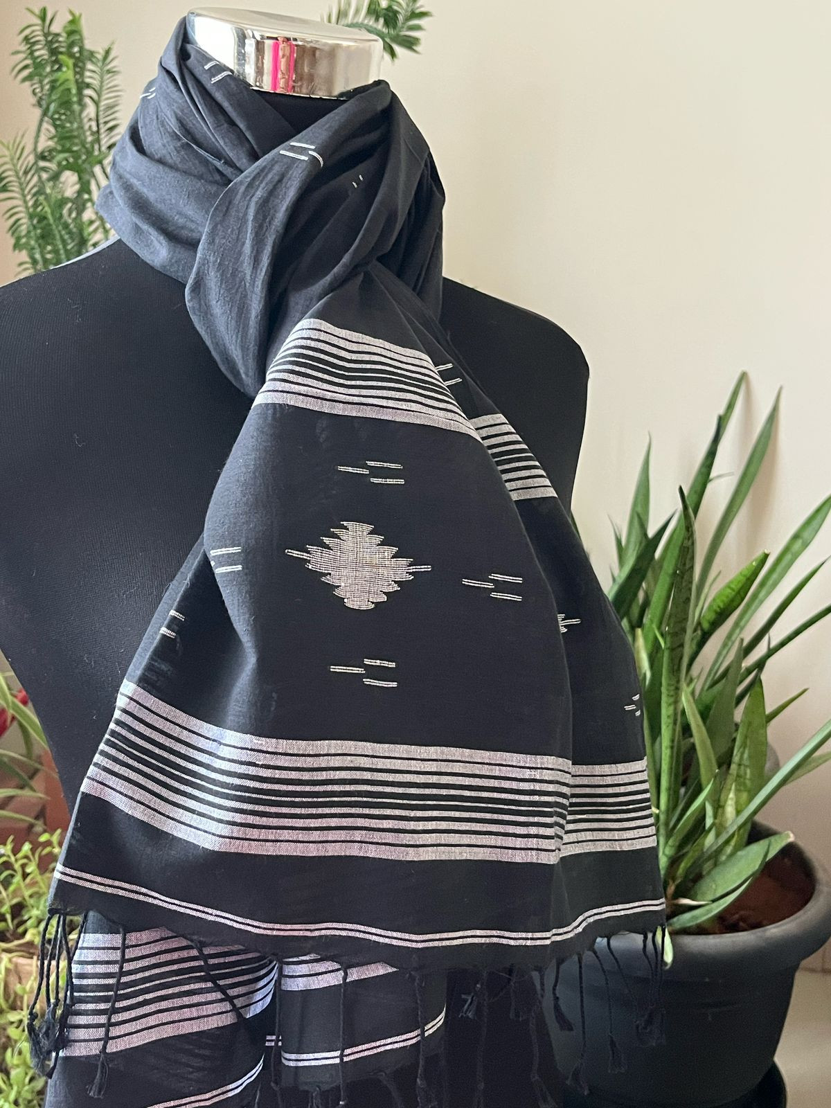 Soft Pure Cotton Jamdani Handloom Stole - Black