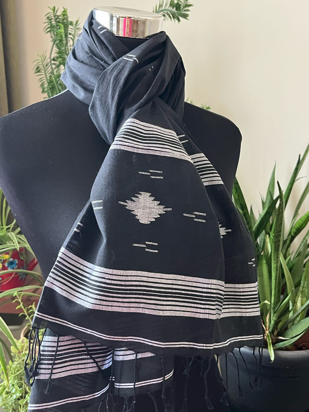 Soft Pure Cotton Jamdani Handloom Stole - Black