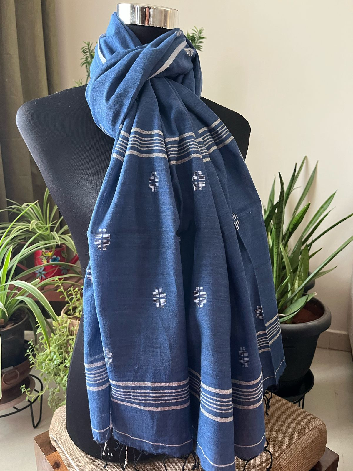 Soft Pure Cotton Jamdani Handloom Stole - Blue