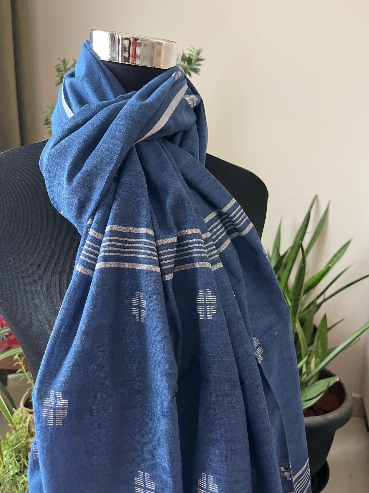 Soft Pure Cotton Jamdani Handloom Stole - Blue