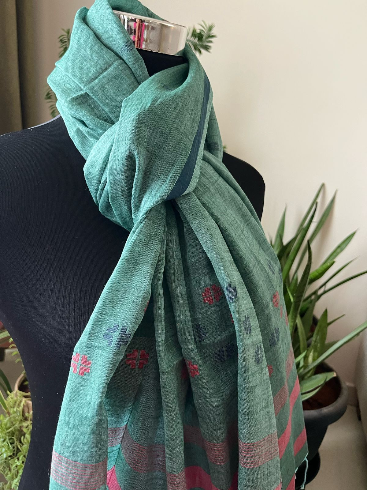 Soft Pure Cotton Jamdani Handloom Stole - Green