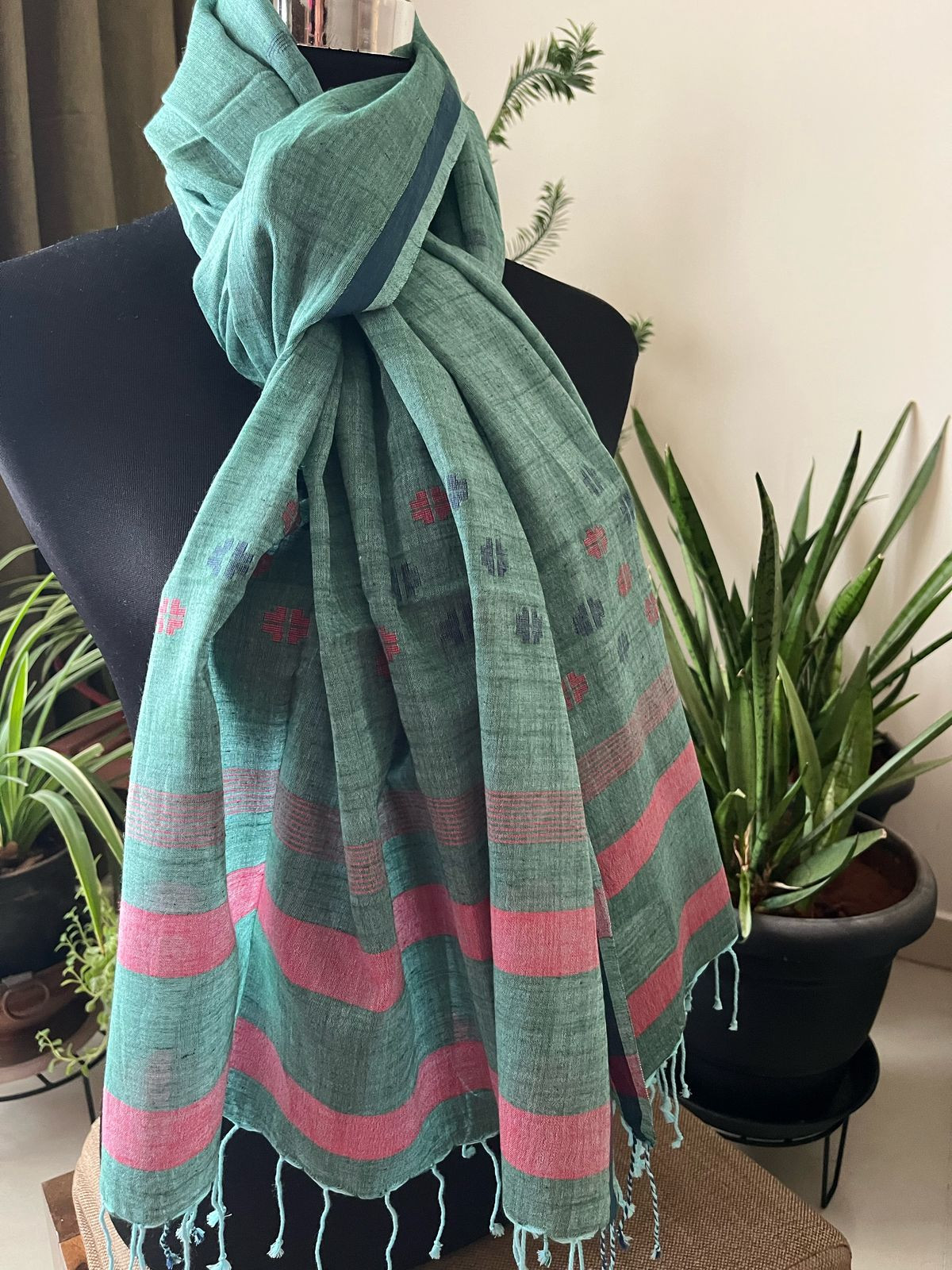 Soft Pure Cotton Jamdani Handloom Stole - Green