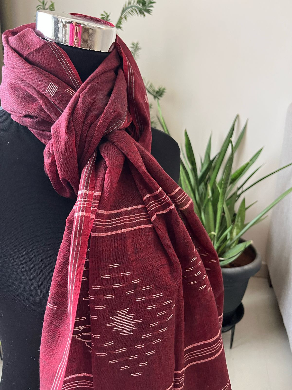 Soft Pure Cotton Jamdani Handloom Stole - Maroon