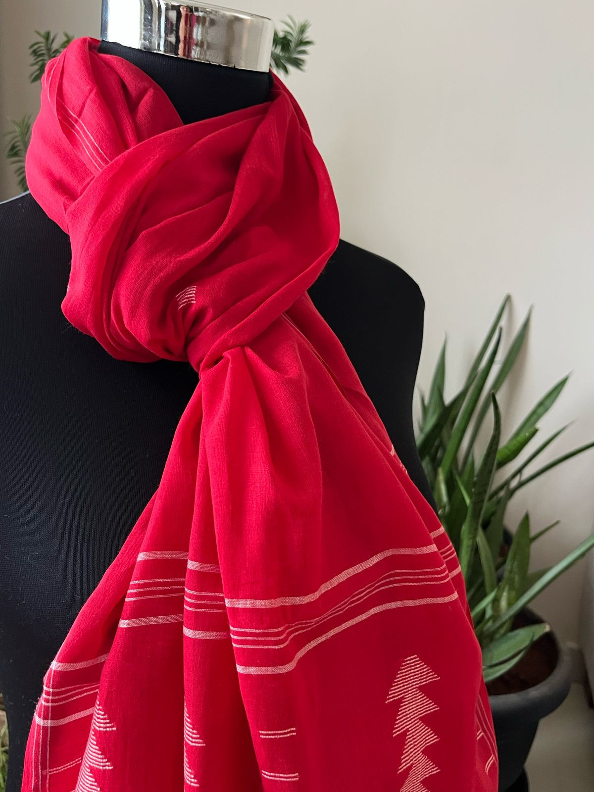 Soft Pure Cotton Jamdani Handloom Stole - Red