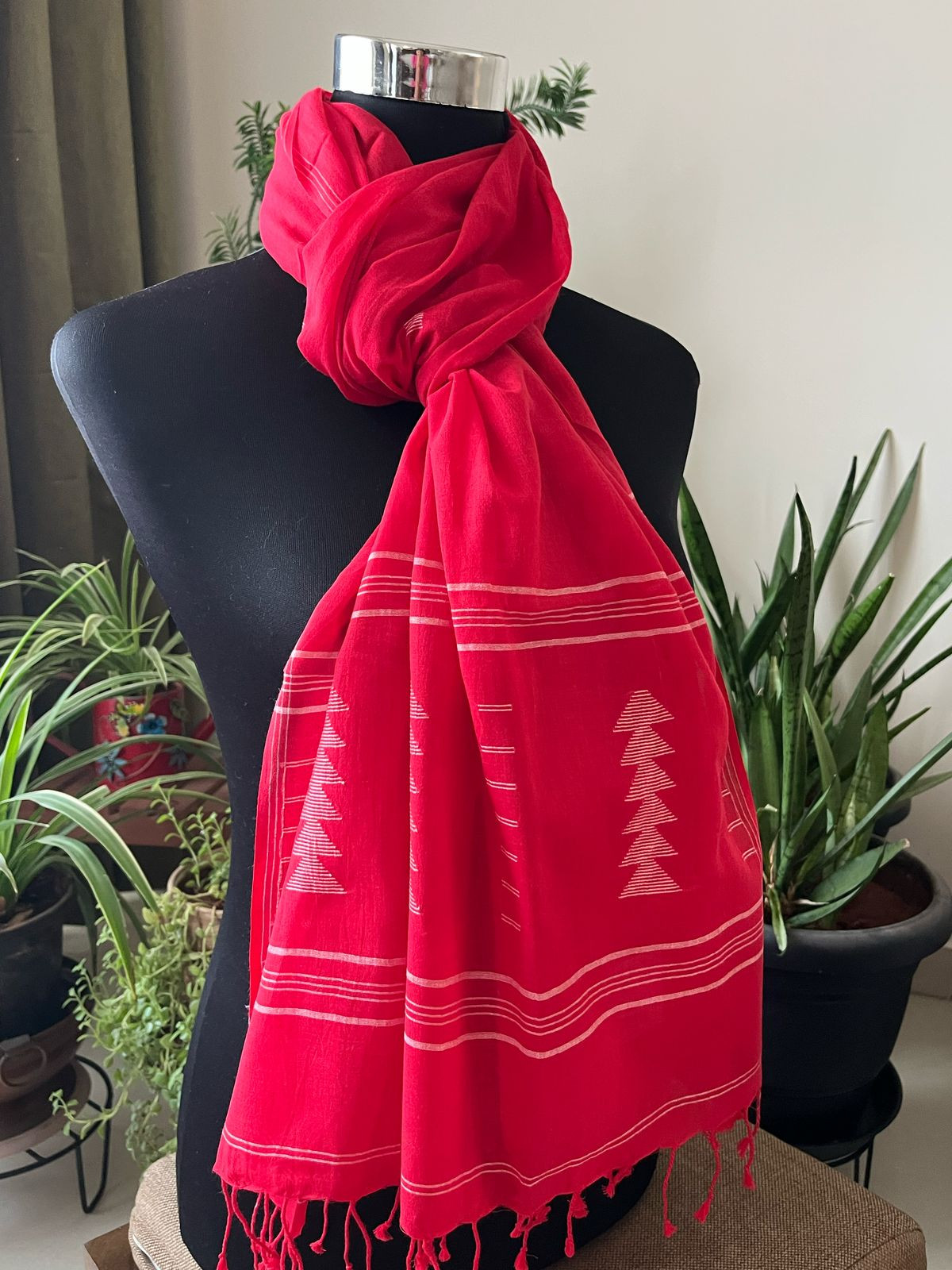 Soft Pure Cotton Jamdani Handloom Stole - Red