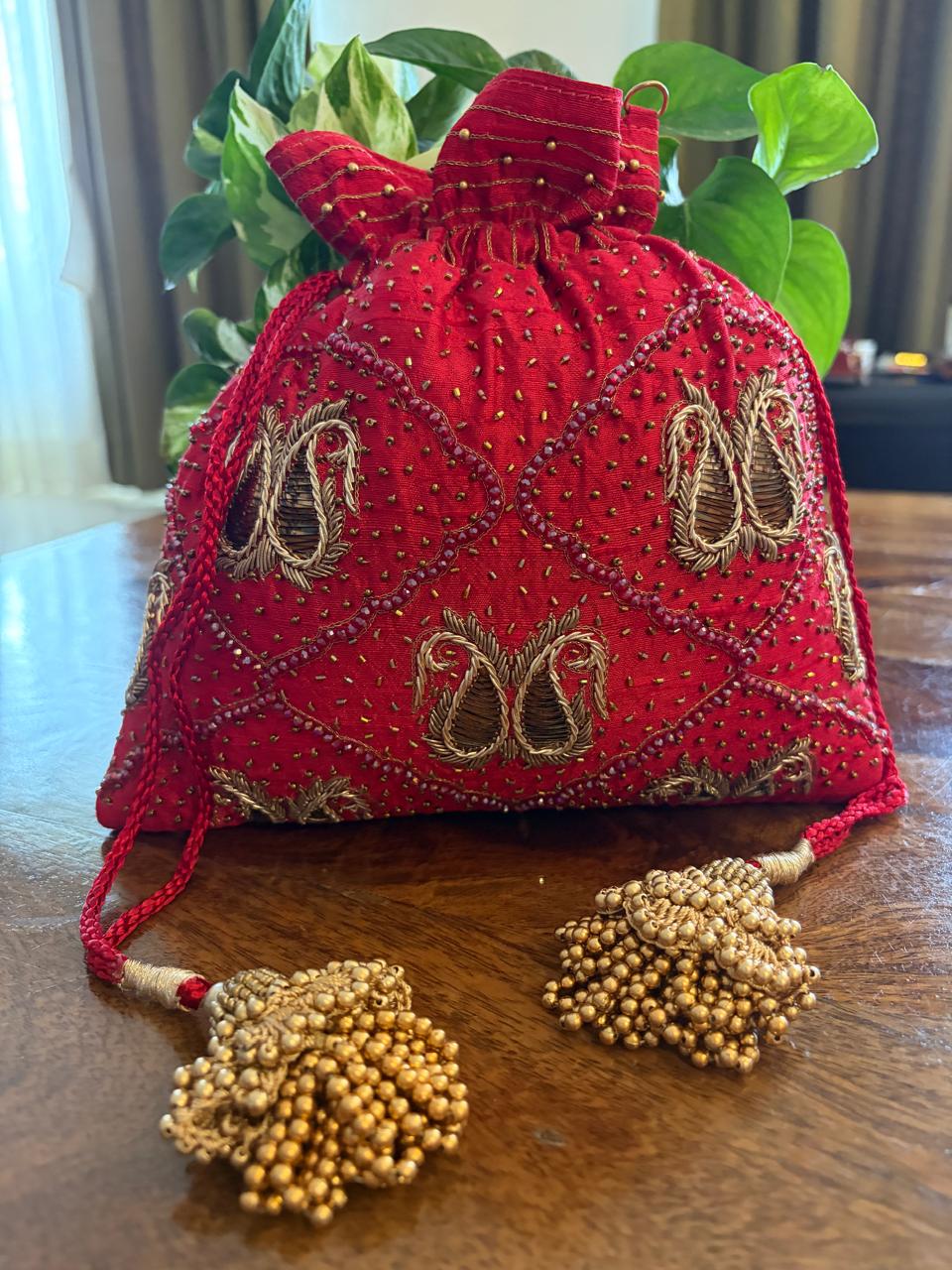Surkh Red Paisley Zardozi and Kamdani Potli
