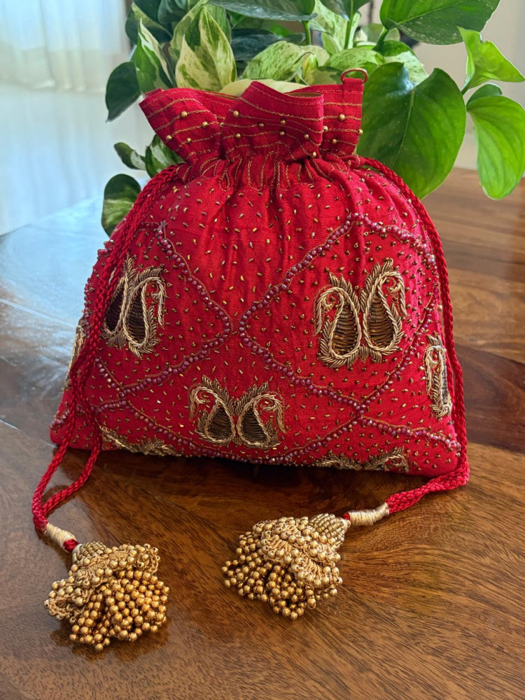 Image of Surkh Red Paisley Zardozi and Kamdani Potli