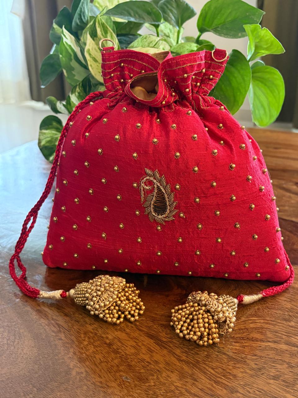 Surkh Red Paisley Zardozi and Kamdani Potli