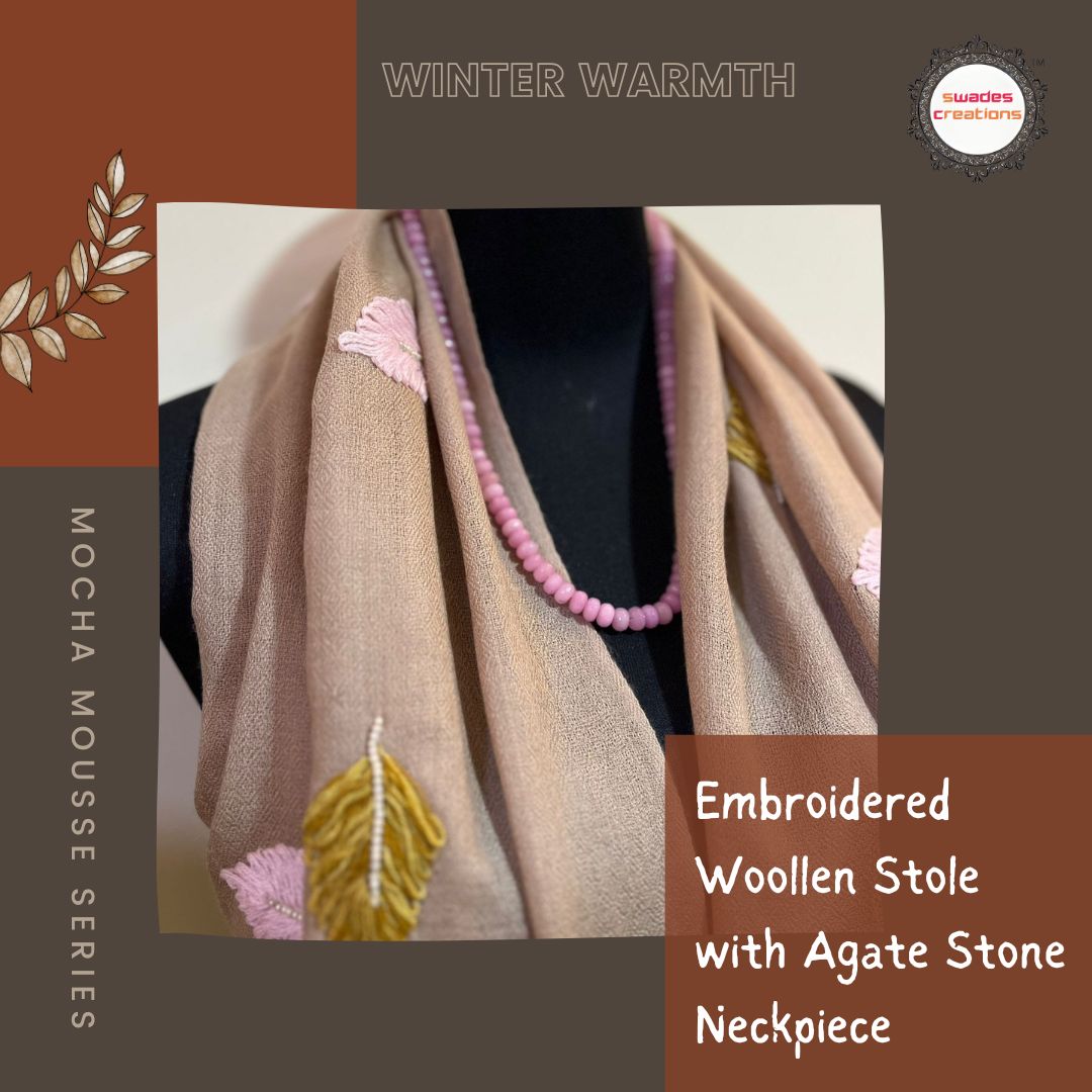 Mocha Mousse Series Woollen Stole with Embroidery with Agate Beads Nacklace