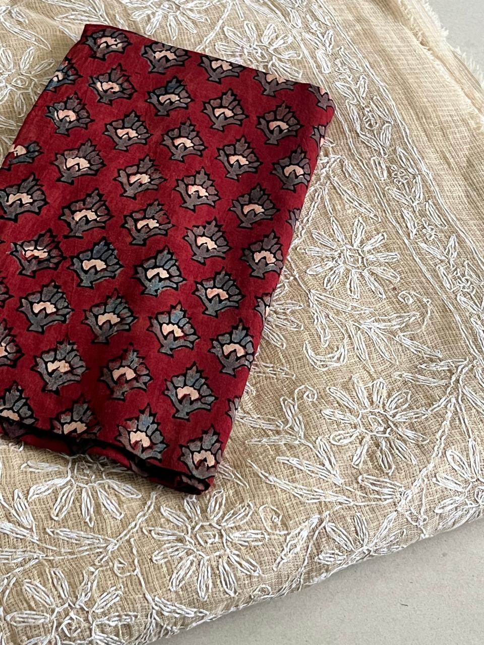 Kota Cotton Saree with Hand Tepchi Embroidery and Ajrakh blouse - Beige