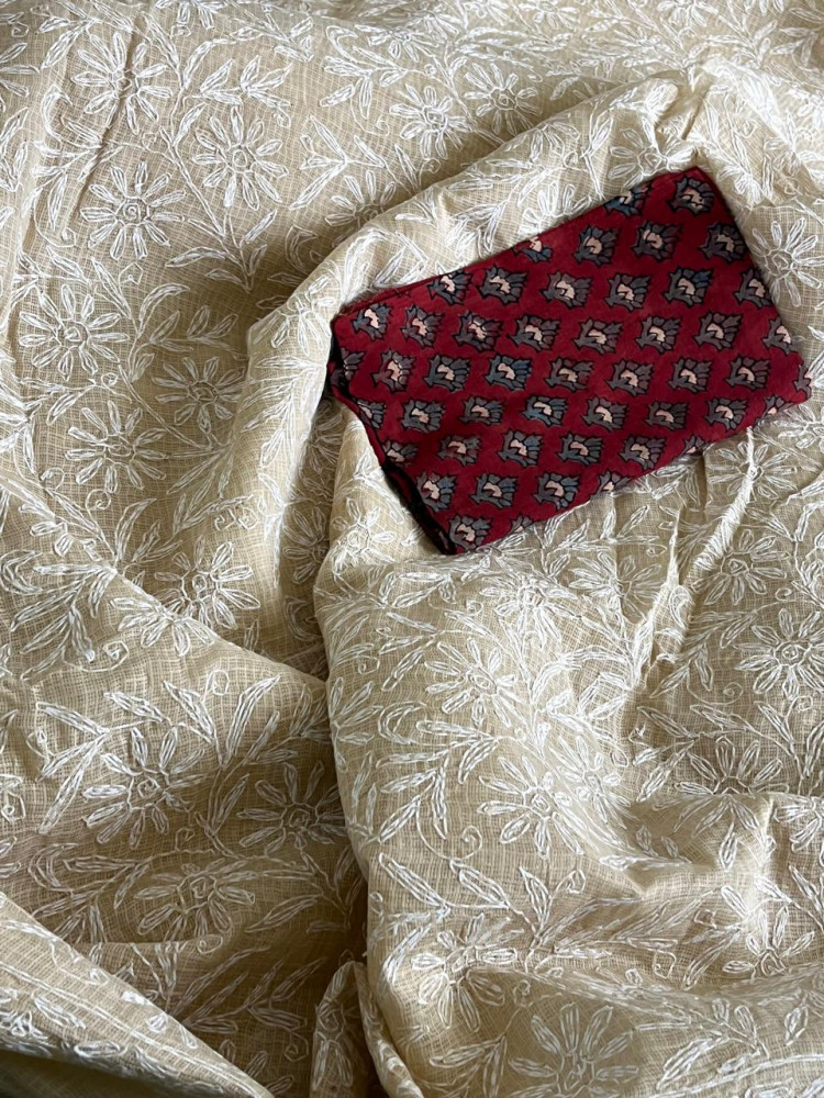 Image of Kota Cotton Saree with Hand Tepchi Embroidery and Ajrakh blouse - Beige