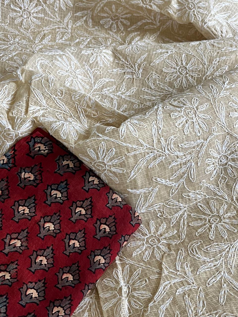 Kota Cotton Saree with Hand Tepchi Embroidery and Ajrakh blouse - Beige