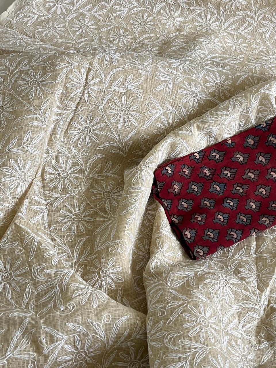 Kota Cotton Saree with Hand Tepchi Embroidery and Ajrakh blouse - Beige