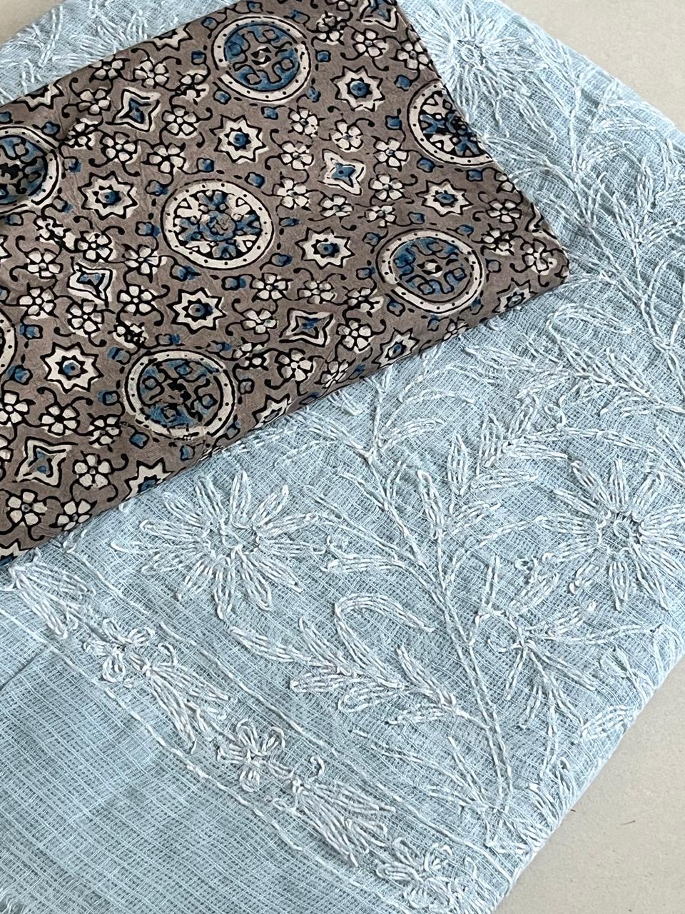 Lucknow Kota Doria Cotton Saree with Hand Tepchi Embroidery and Ajrakh blouse - Grey