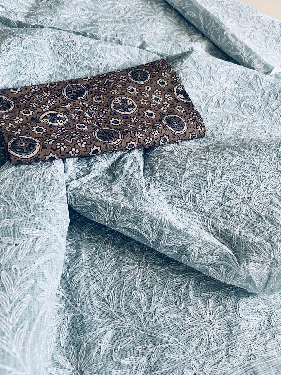 Lucknow Kota Doria Cotton Saree with Hand Tepchi Embroidery and Ajrakh blouse - Grey