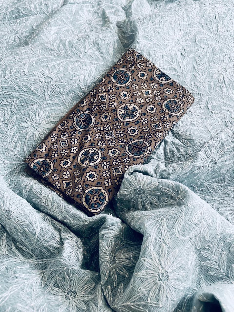 Lucknow Kota Doria Cotton Saree with Hand Tepchi Embroidery and Ajrakh blouse - Grey