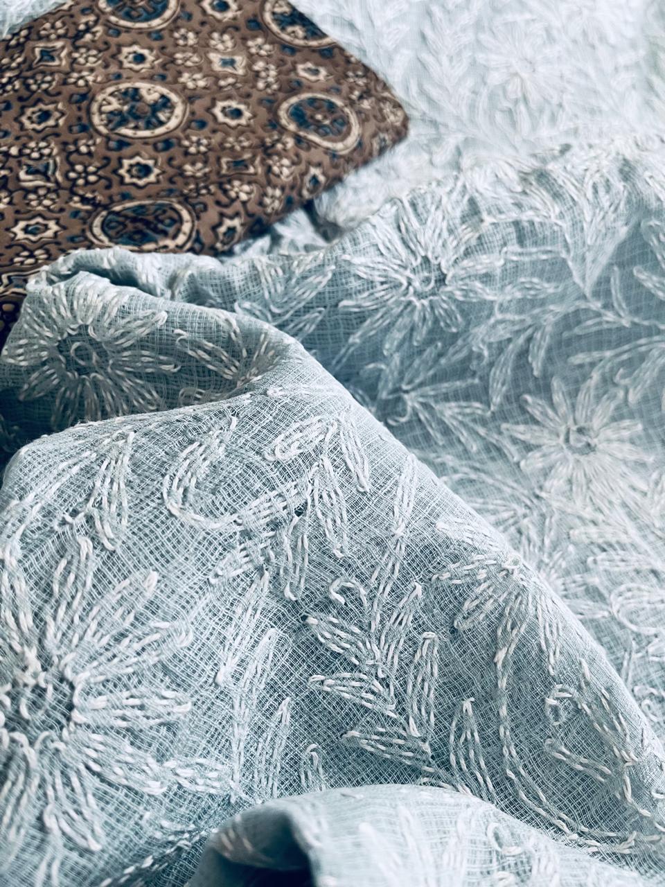 Lucknow Kota Doria Cotton Saree with Hand Tepchi Embroidery and Ajrakh blouse - Grey