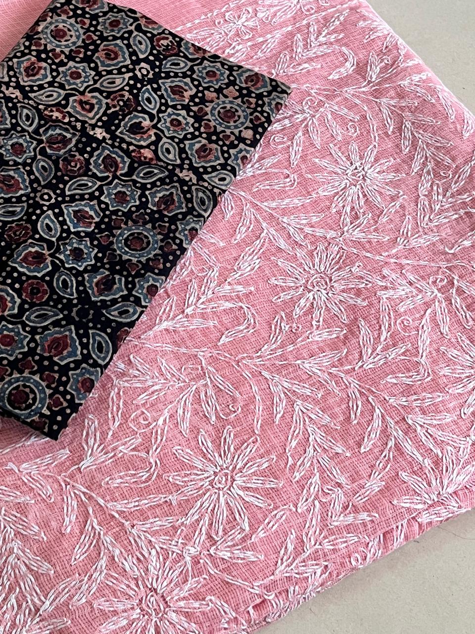 Lucknow Kota Doria Cotton Saree with Hand Tepchi Embroidery and Ajrakh blouse - Pink