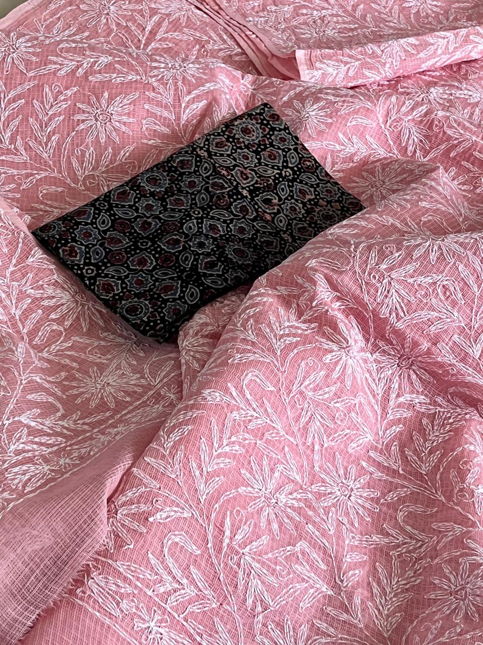 Lucknow Kota Doria Cotton Saree with Hand Tepchi Embroidery and Ajrakh blouse - Pink