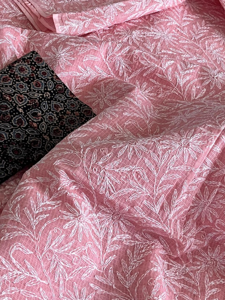 Image of Lucknow Kota Doria Cotton Saree with Hand Tepchi Embroidery and Ajrakh blouse - Pink