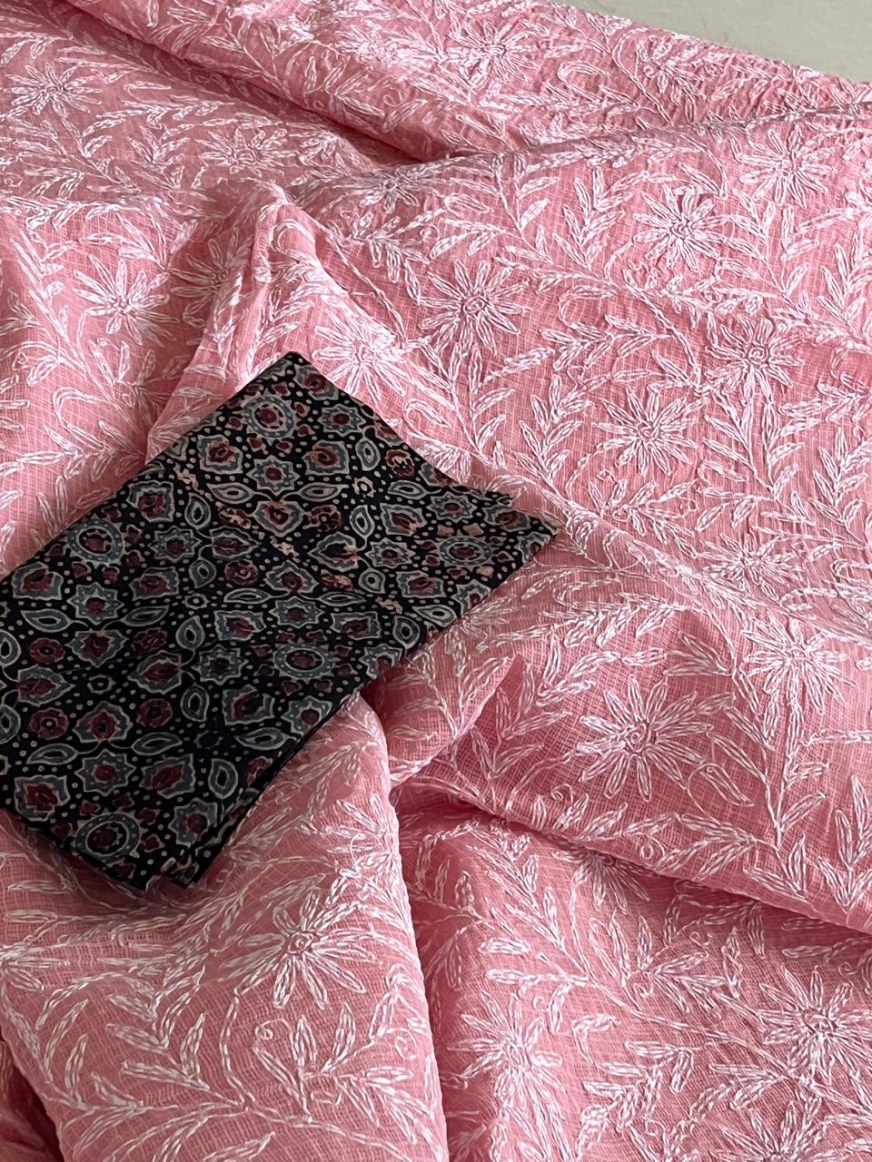 Lucknow Kota Doria Cotton Saree with Hand Tepchi Embroidery and Ajrakh blouse - Pink