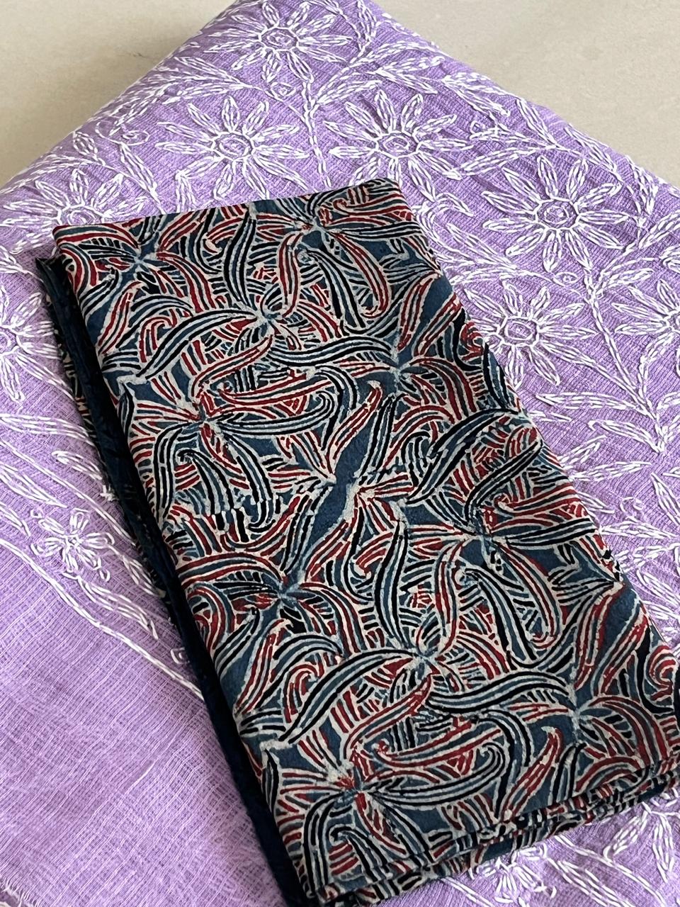 Lucknow Kota Doria Cotton Saree with Hand Tepchi Embroidery and Ajrakh blouse - Purple