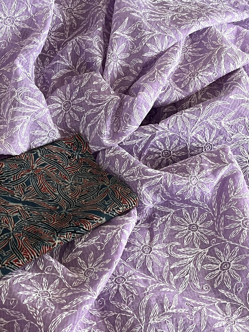 Lucknow Kota Doria Cotton Saree with Hand Tepchi Embroidery and Ajrakh blouse - Purple