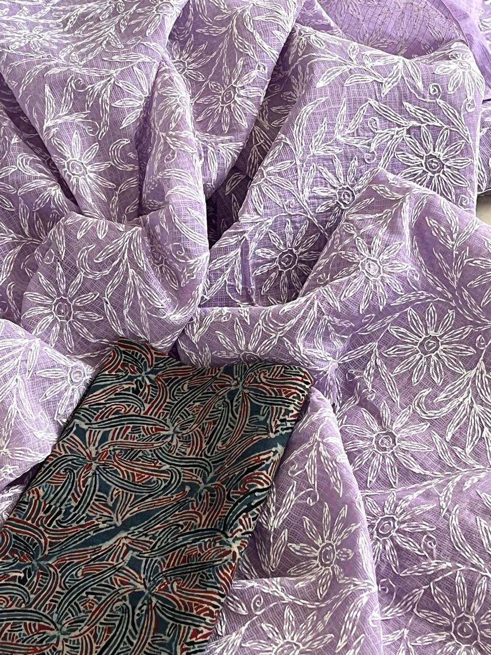 Lucknow Kota Doria Cotton Saree with Hand Tepchi Embroidery and Ajrakh blouse - Purple