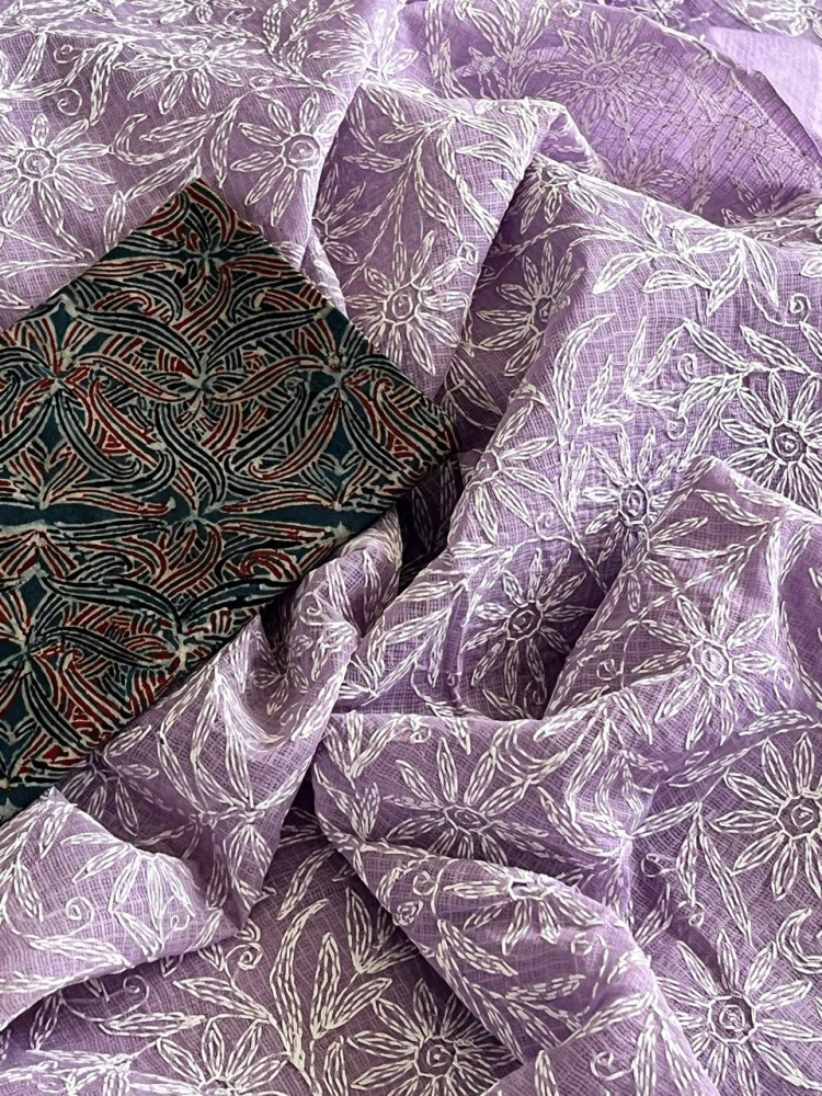 Image of Lucknow Kota Doria Cotton Saree with Hand Tepchi Embroidery and Ajrakh blouse - Purple