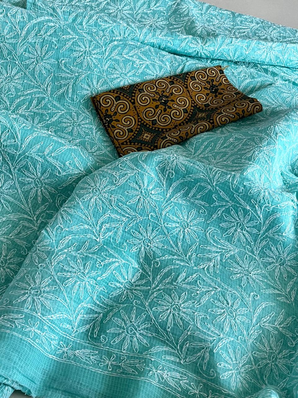 Lucknow Kota Doria Cotton Saree with Hand Tepchi Embroidery and Ajrakh blouse - Sea Green