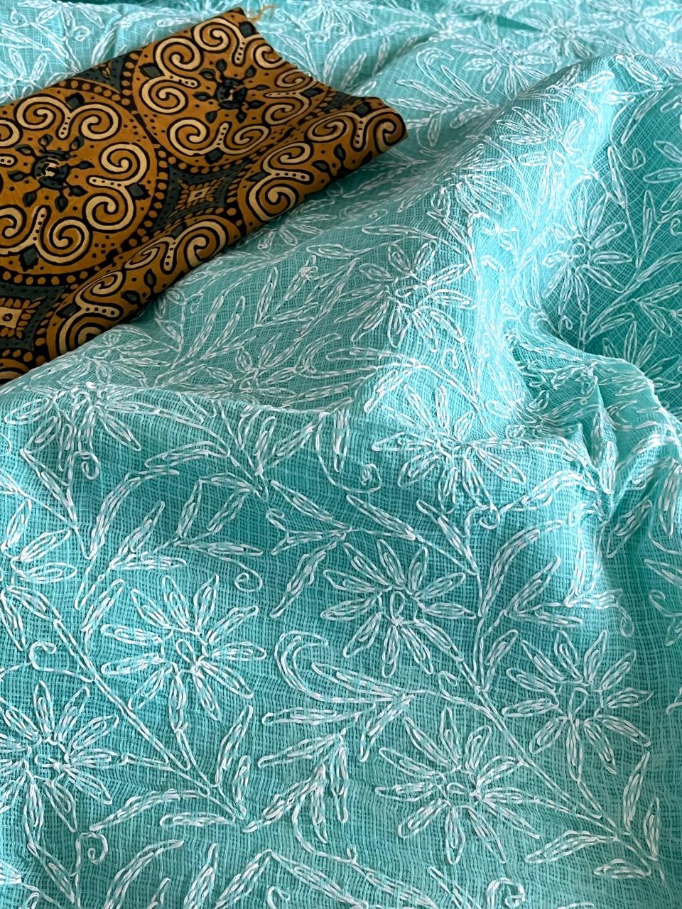 Lucknow Kota Doria Cotton Saree with Hand Tepchi Embroidery and Ajrakh blouse - Sea Green