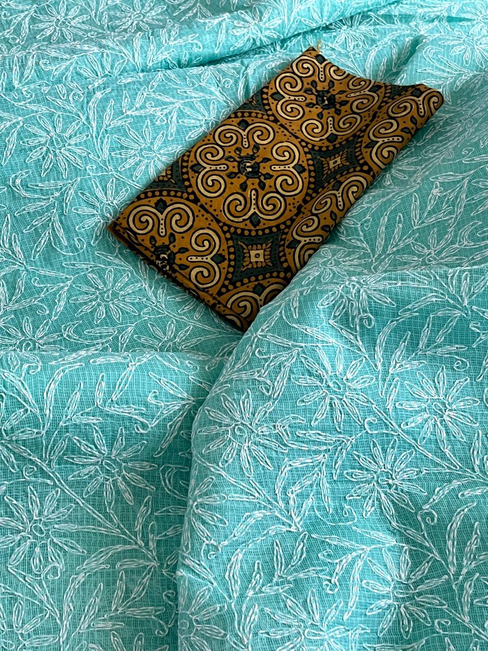 Lucknow Kota Doria Cotton Saree with Hand Tepchi Embroidery and Ajrakh blouse - Sea Green