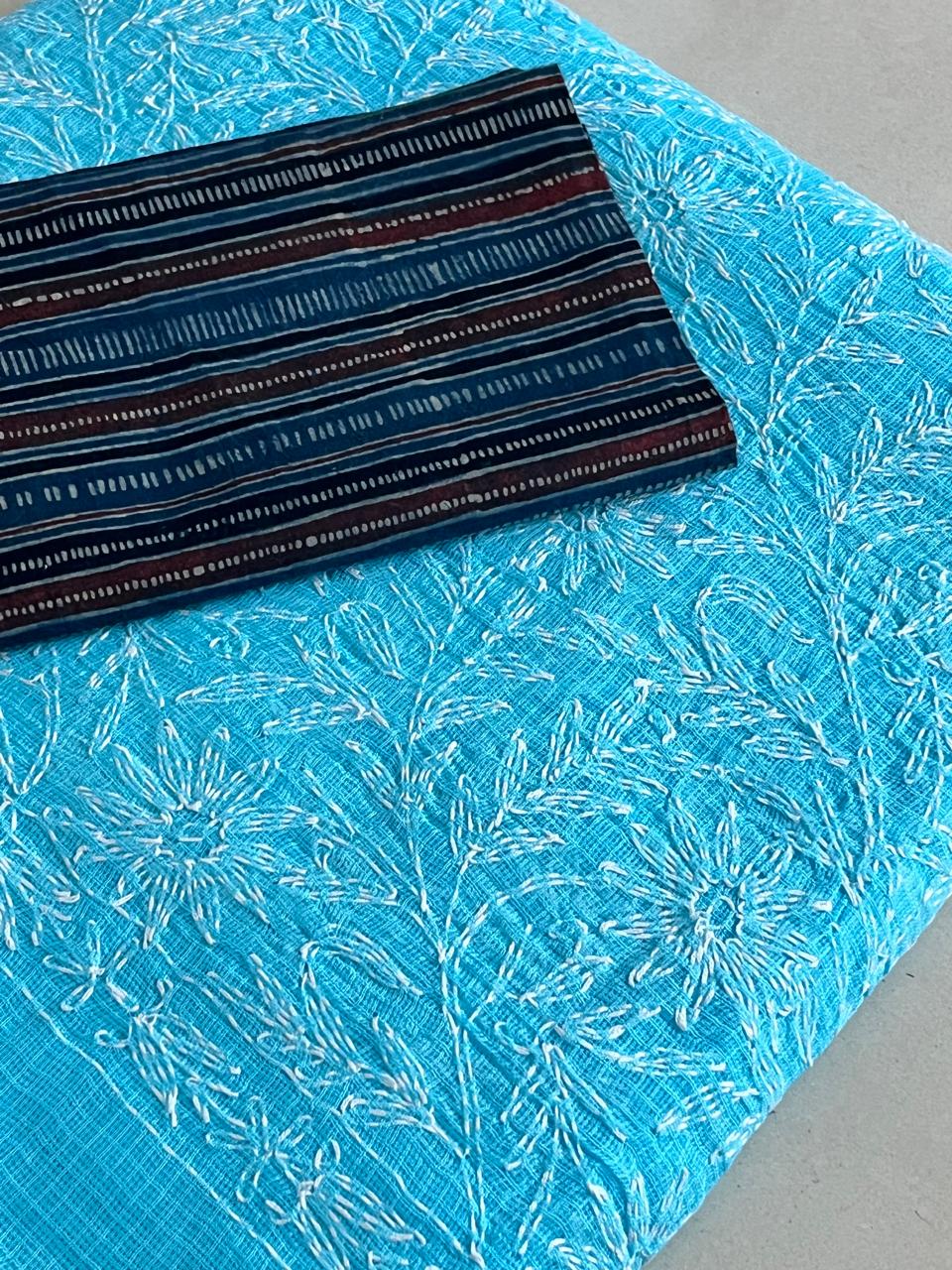 Lucknow Kota Doria Cotton Saree with Hand Tepchi Embroidery and Ajrakh blouse - Sky Blue