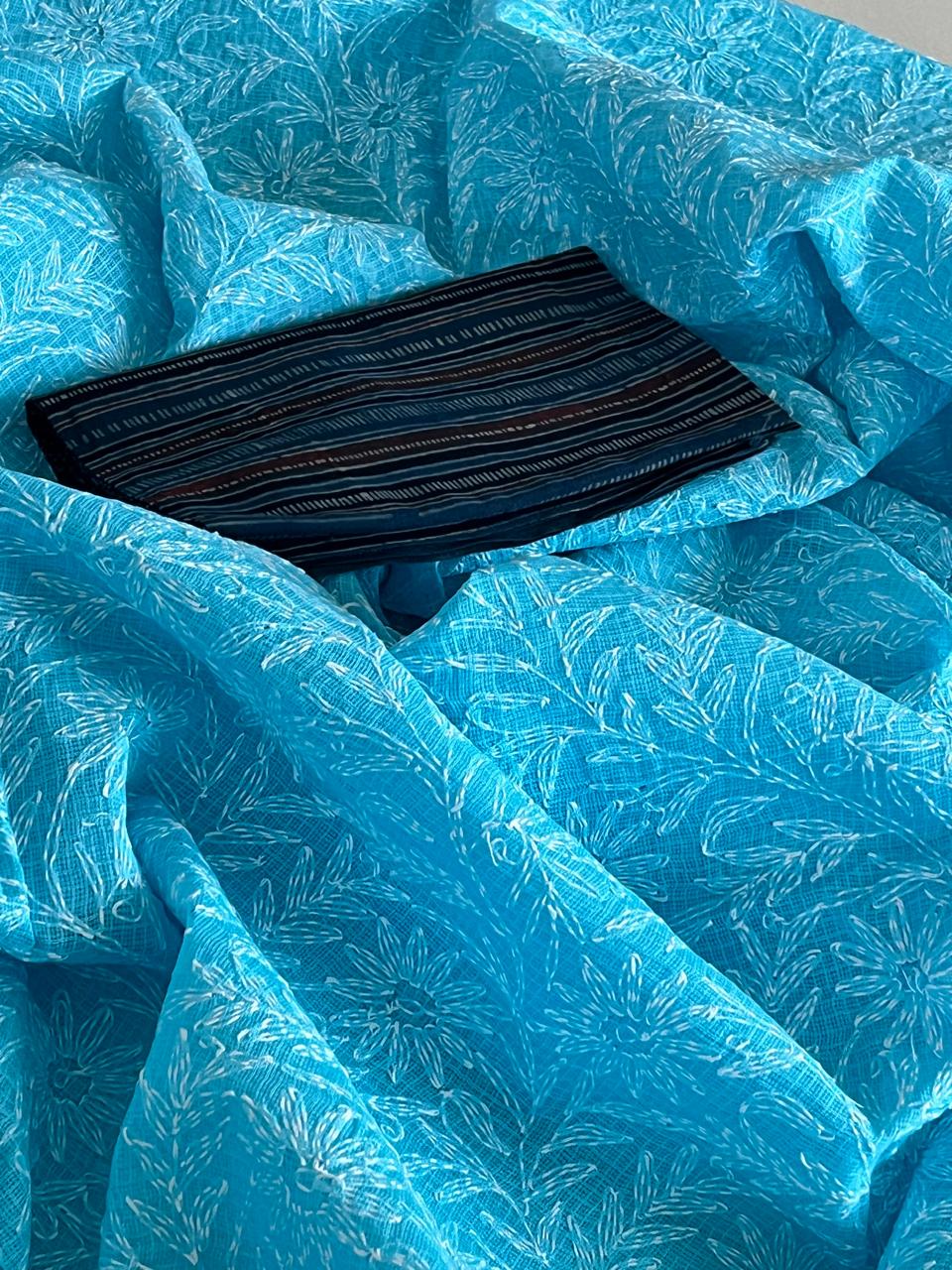 Lucknow Kota Doria Cotton Saree with Hand Tepchi Embroidery and Ajrakh blouse - Sky Blue