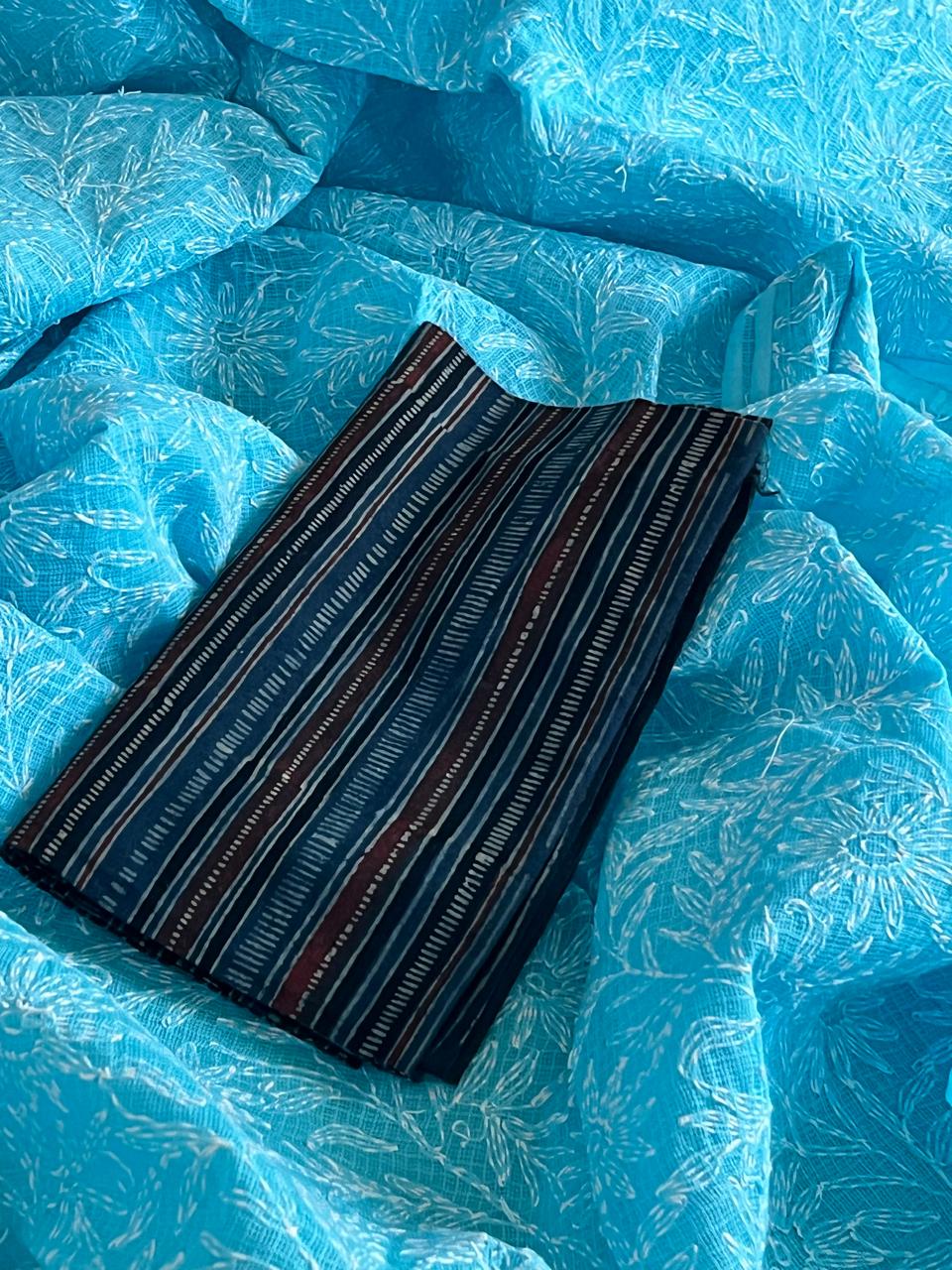 Lucknow Kota Doria Cotton Saree with Hand Tepchi Embroidery and Ajrakh blouse - Sky Blue